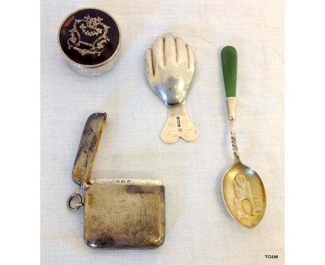 A silver Vesta, silver Tortoiseshell pill pot  and a Jade and silver spoon and a sugar spoon