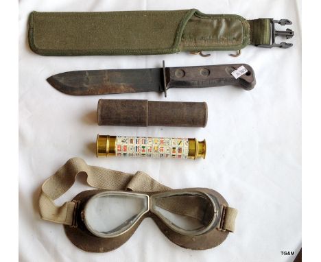 A military machete, 3 draw naval telescope and a pair of goggles