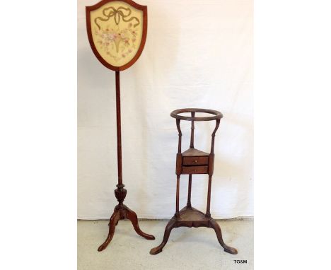 A mahogany two drawer tripod pot stand and a mahogany fire screen