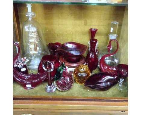 A Ruby glassware collection to include a ship in the bottle lamp