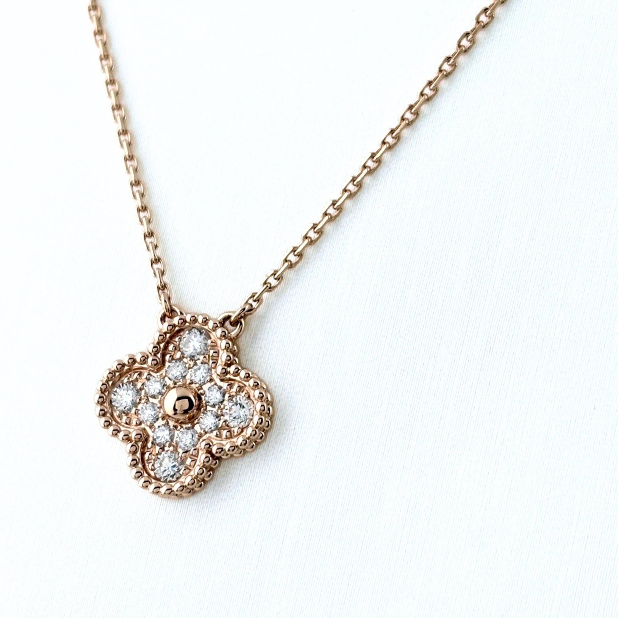 Van Cleef & Arpels Vintage Alhambra Necklace, Pink Gold (PG), Pendant, Small Diamonds, 750 Diamond W