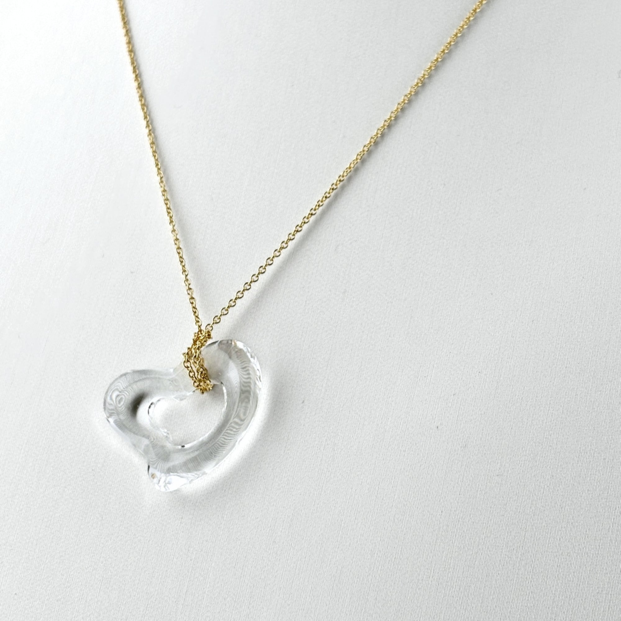 Tiffany & Co. Open Heart Rock Crystal Necklace, Yellow Gold (YG) Pendant, Elsa Peretti Design, 750 C