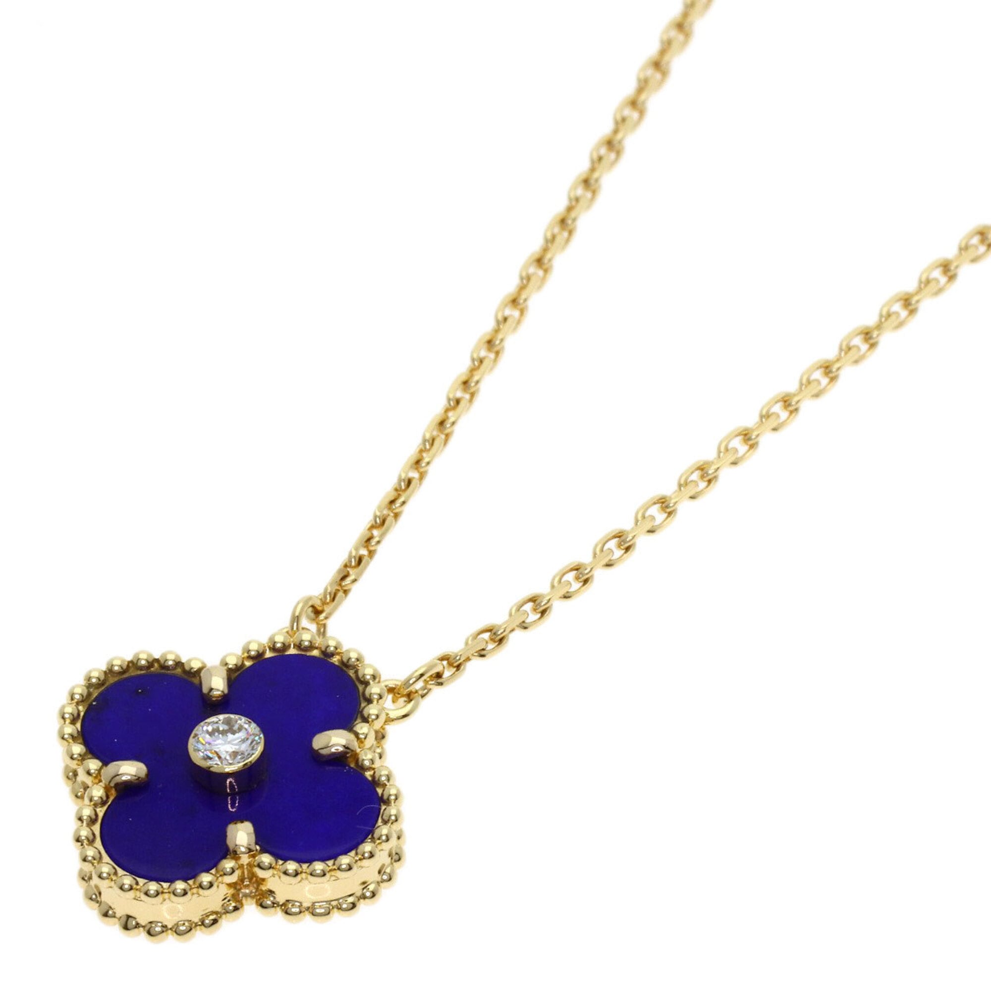 Van Cleef & Arpels Vintage Alhambra Lapis Lazuli 1P Diamond Necklace 18K Yellow Gold Women\'s
