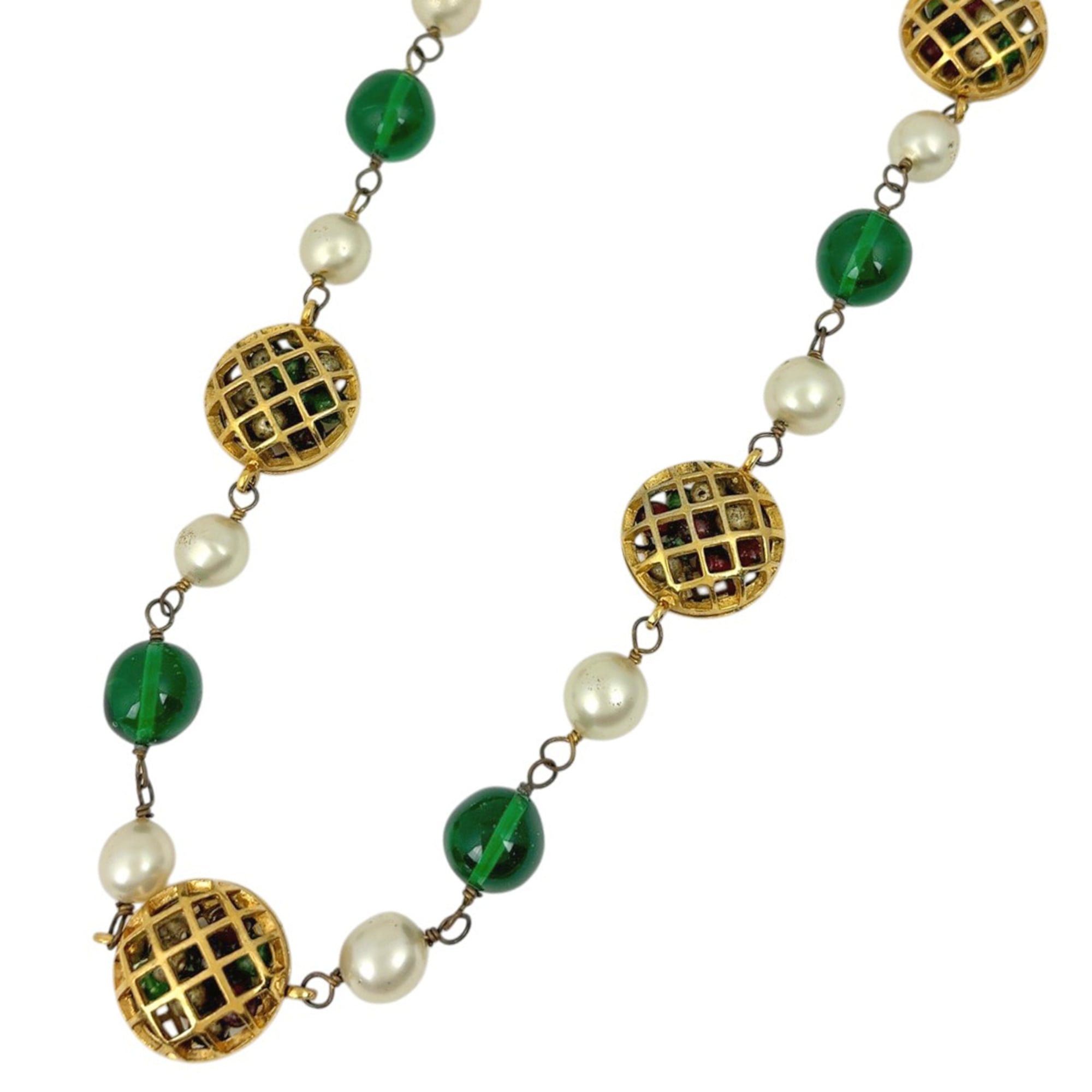 Chanel Coco Mark Faux Pearl Long Necklace with Rhinestones and Colored Stones, GP Gold, for Women
