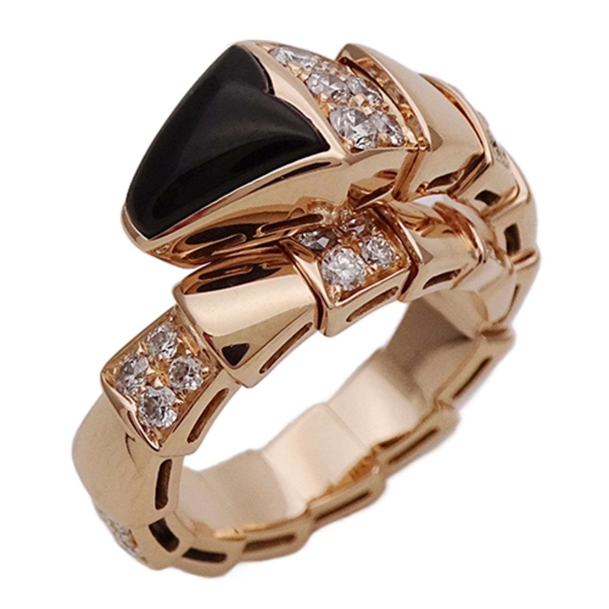 BVLGARI Serpenti Viper Ring, 750PG Onyx and Diamond, Men\'s Women\'s, Pink Gold, Polished, Size M (A