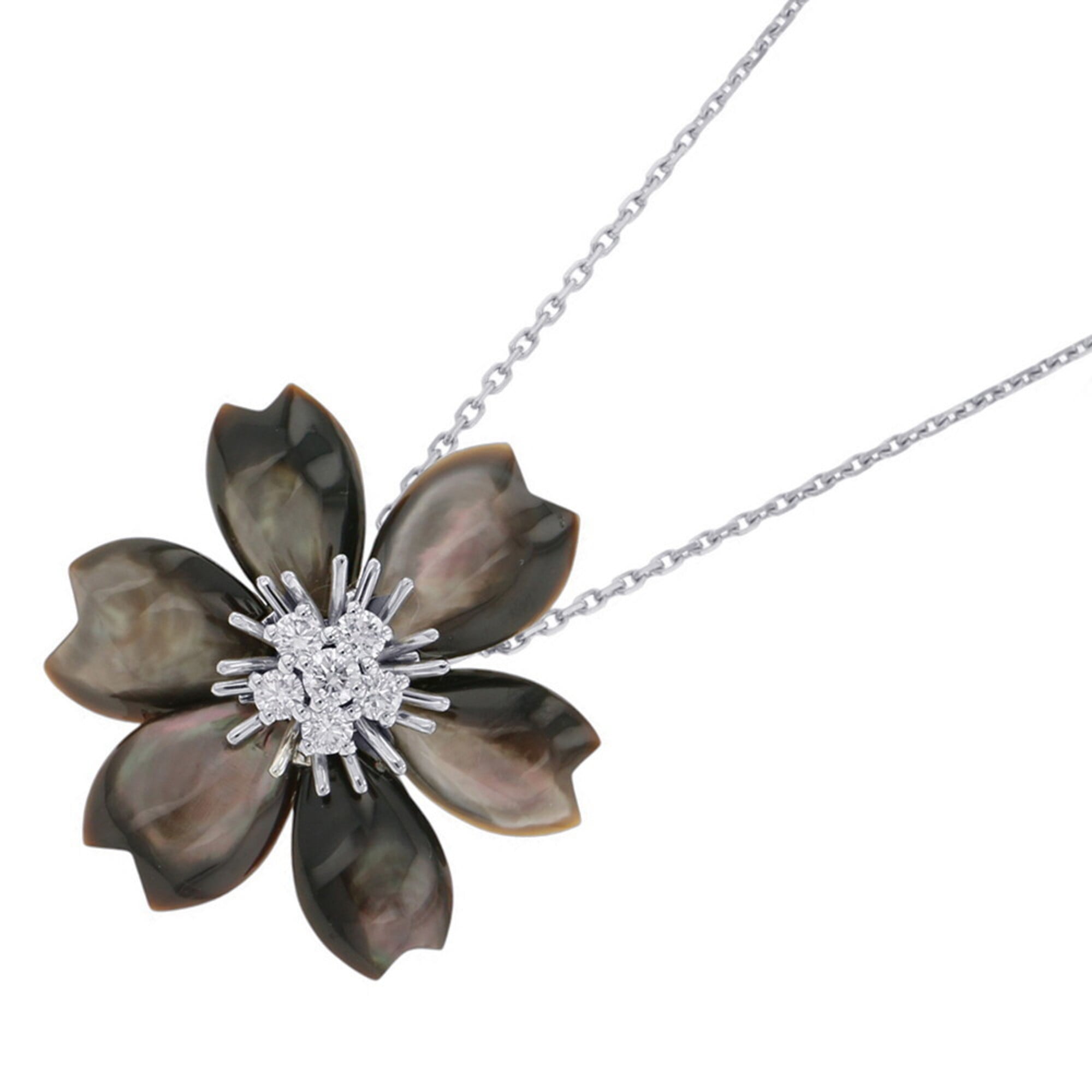 Van Cleef & Arpels Rose de No‘l Clip Necklace, Small, Grey Mother-of-Pearl, 6 Diamonds (Total 0.48ct