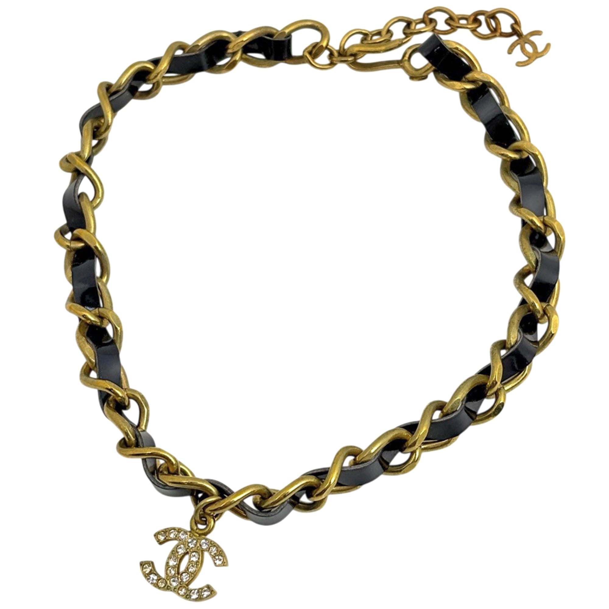 Chanel Coco Mark Chain Necklace, GP Leather, Rhinestone, Gold, Black, Women\'s