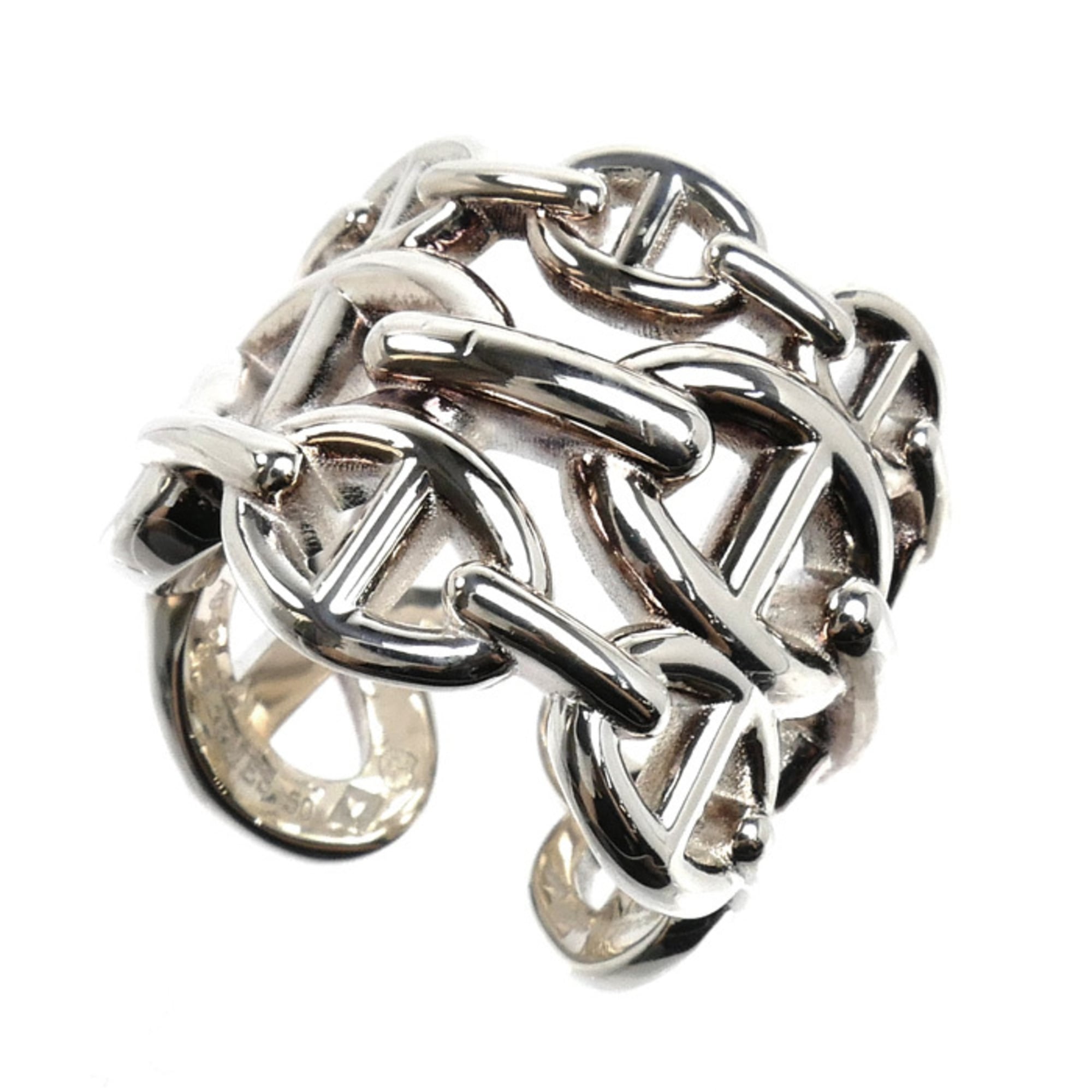 HERMES Hermes Sterling Silver 925 Chaine d\'Ancre EnchainŽe GM Ring, Size 50, 12.8g, Women\'s