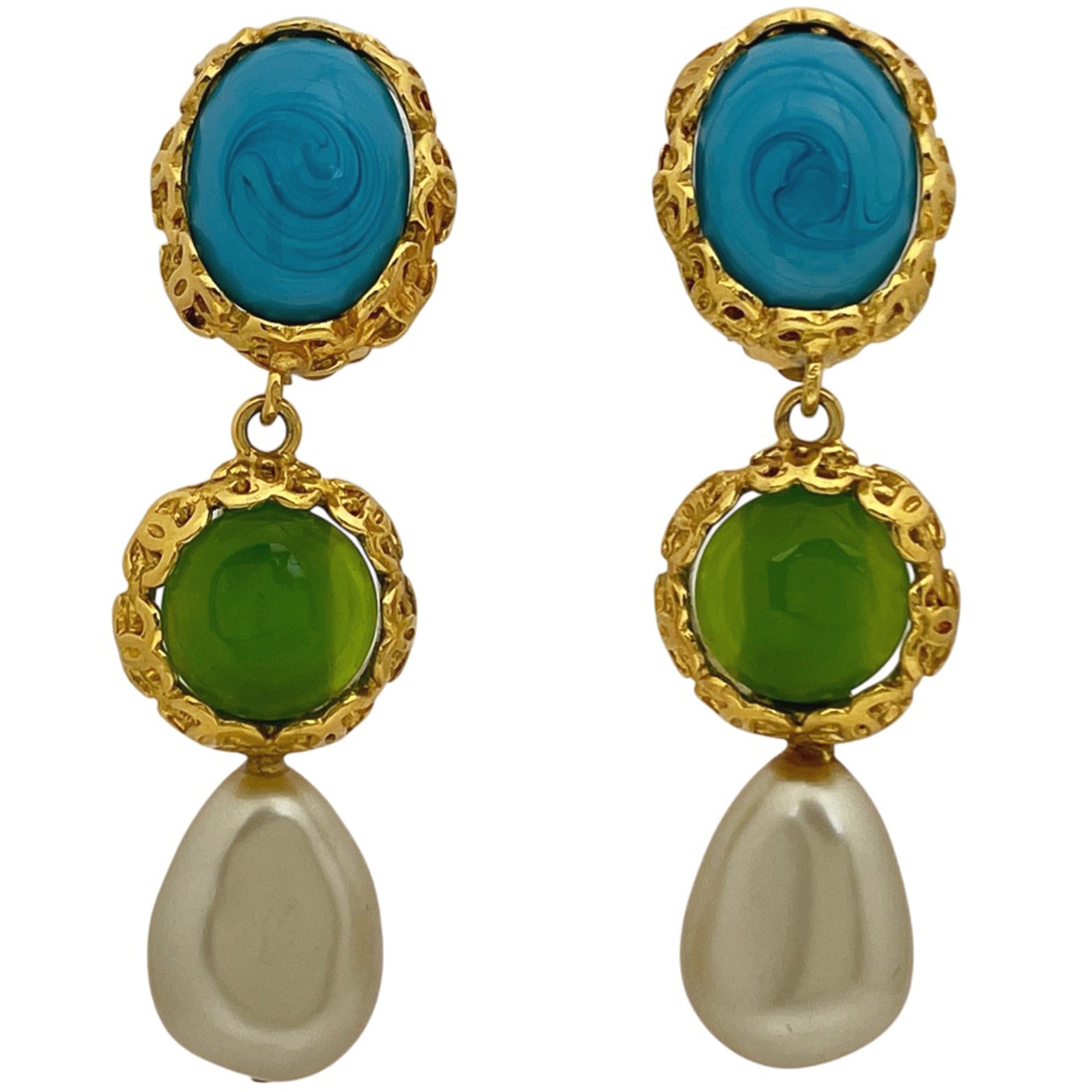 Chanel CHANEL Faux Pearl Earrings Gripoix GP Blue Green Gold Women\'s