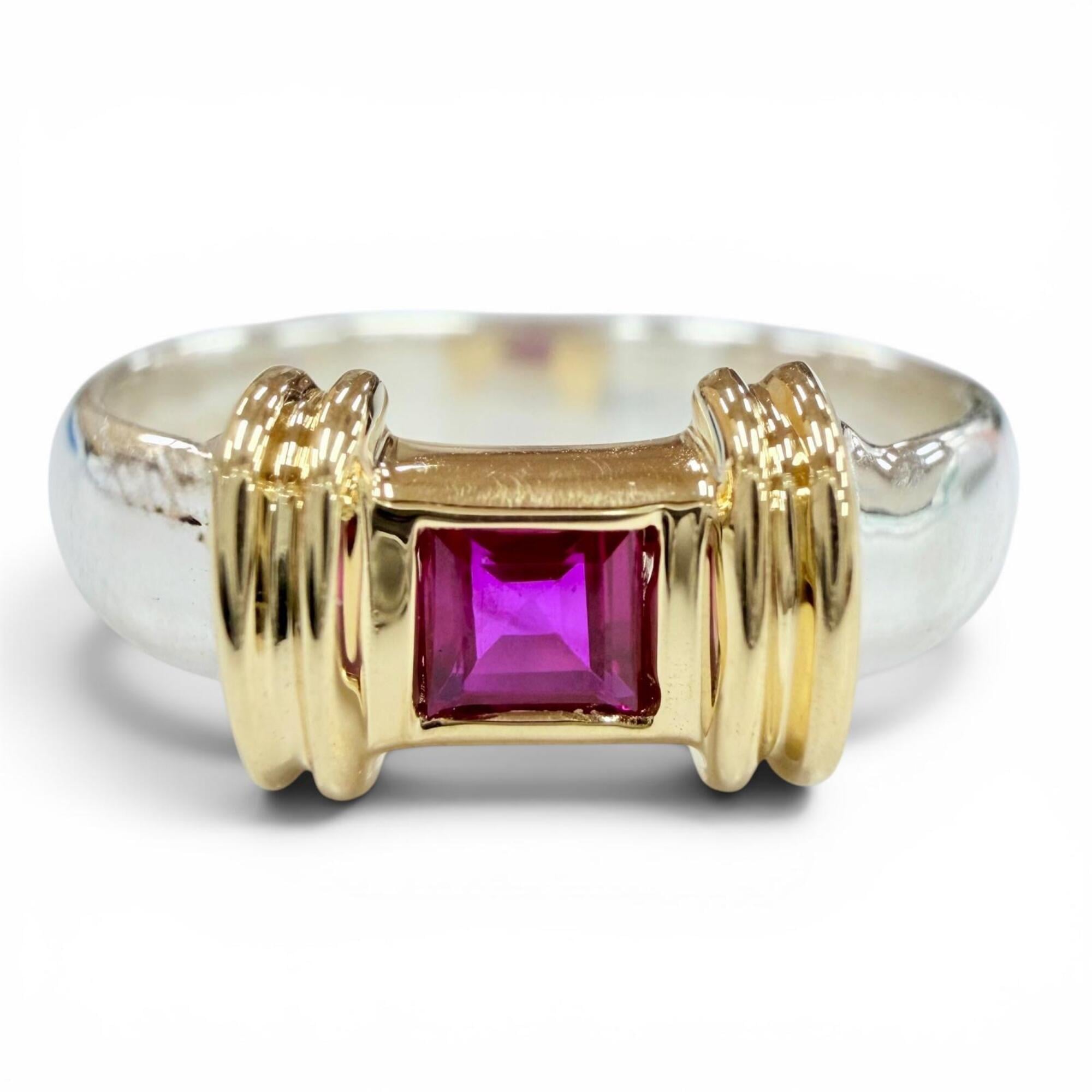 TIFFANY&Co. Tiffany Vintage Stacking Band Ring, 925/750 Sterling Silver with 1 Ruby, Silver/Gold, We