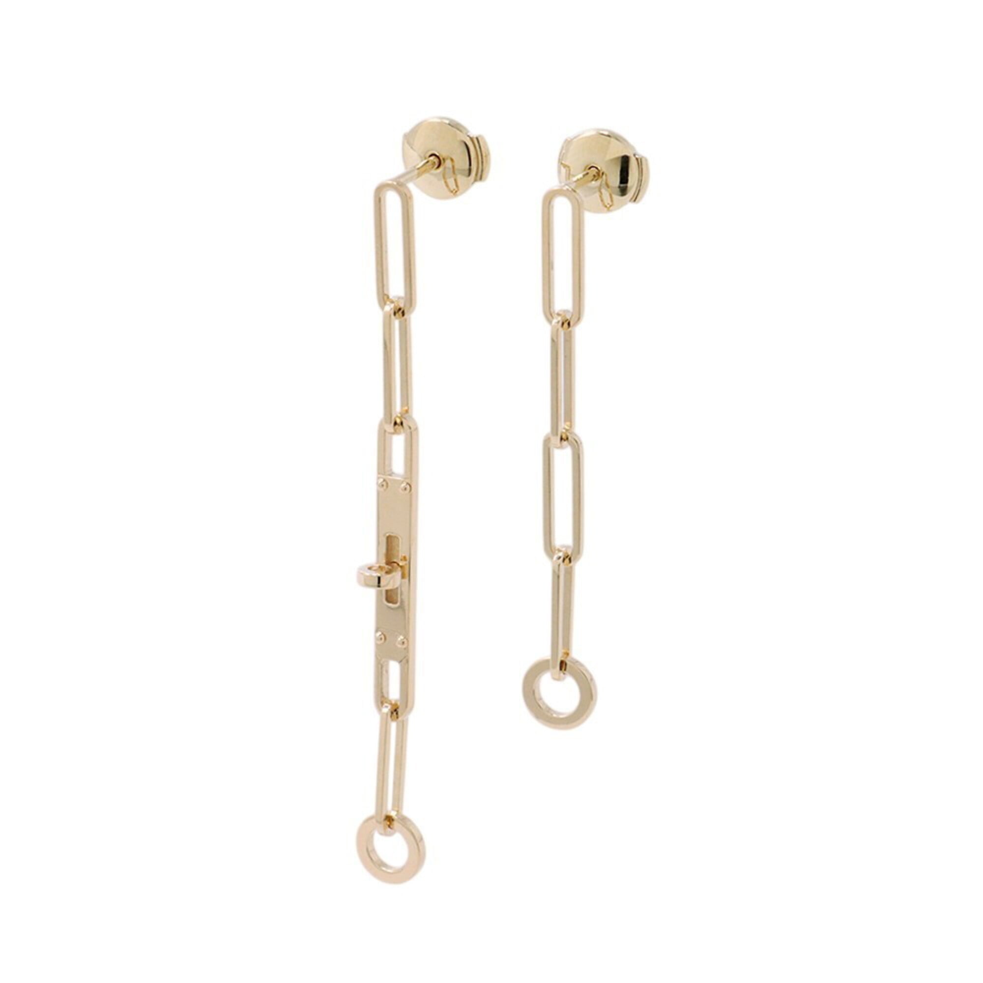 Hermes Kelly Chaine Earrings, 18K Yellow Gold, Asymmetrical Design.