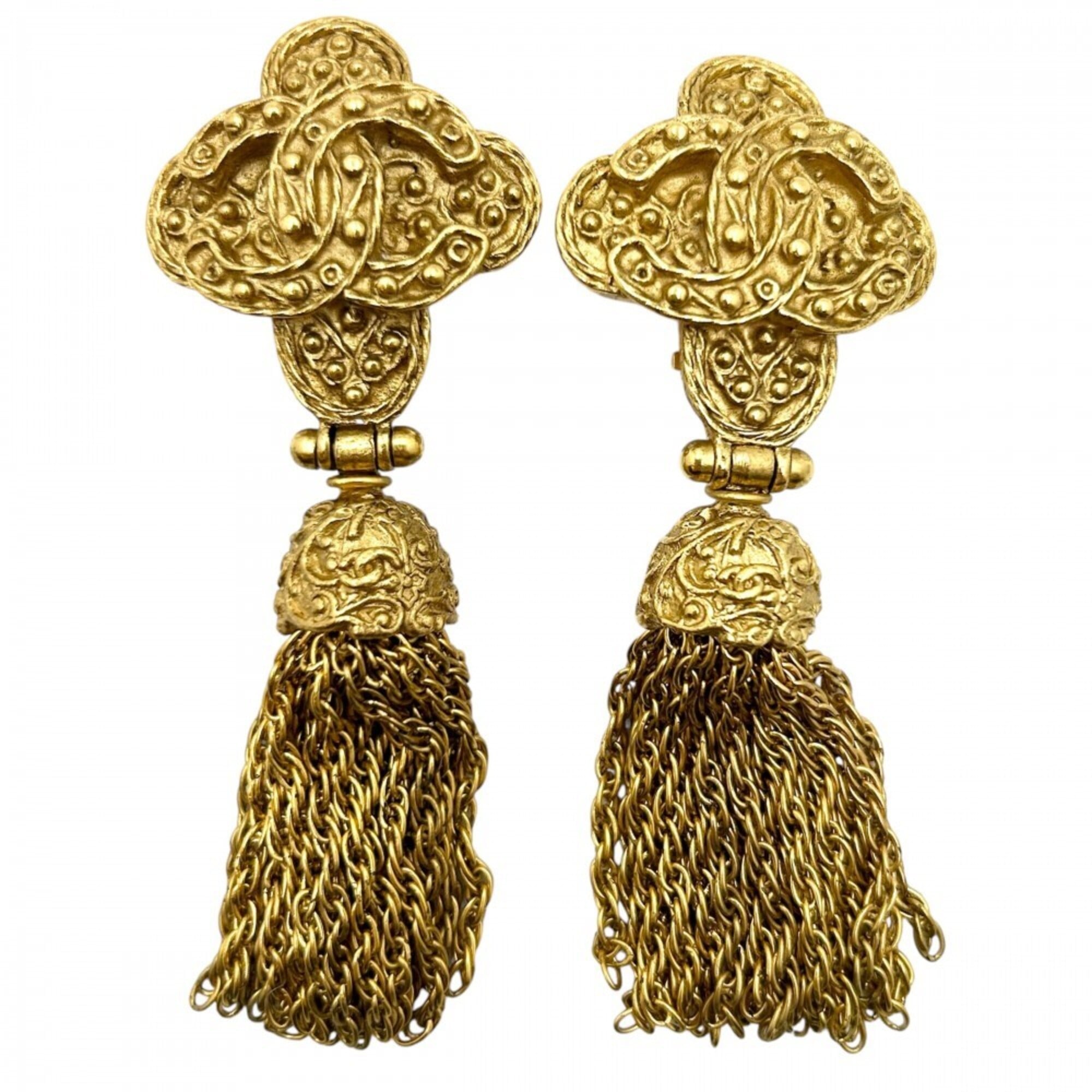 Chanel Earrings for Women, Coco Mark, Fringe, Vintage Gold, CHANEL GP 94A, Approx. 49g, 1994