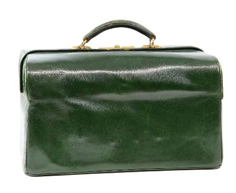 Green Moroccan ladies leather Sewing and Vanity case opening to reveal 7 silver covered glass bottles London 1895, ivory brus