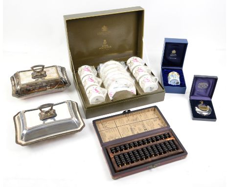 Royal Worcester Marissa coffee set, boxed, together with a boxed Halcyon Days enamel music box, Dalvey Voyager Clock, abacus,