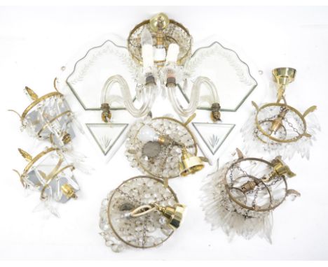 Pair of early 20th century single light wall brackets with Venetian mirror backs together with various basket chandeliers and