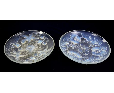 Two large Art Deco opalescent glass bowls, one decorated with poppies, the other with starfish and sea shells, each 35cm diam