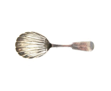 Fiddle and shell bowl pattern silver caddy spoon by Henry Lias, London 1869