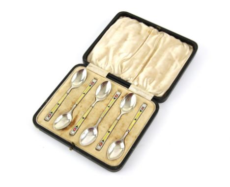 Art Deco cased set of silver and enamel spoons, Birmingham 1929