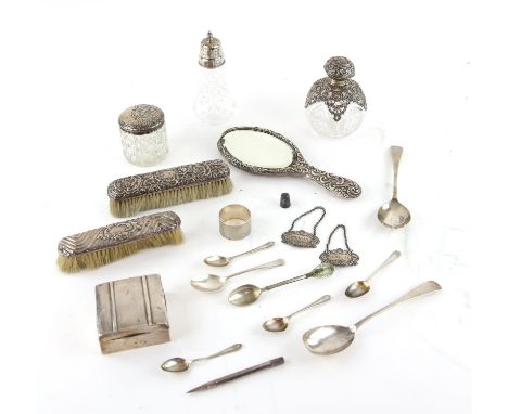 Quantity of silver to include Walker & Hall engine turned silver cigarette box, two silver mounted brushes and a silver mount