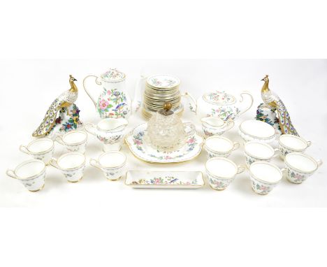 Aynsley Pembroke part tea and coffee service, pair of porcelain peacocks, and a glass cup and cover.