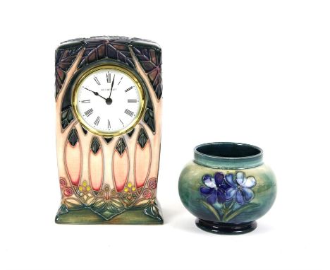 Moorcroft ceramic mantle clock, with 'Cluny' pattern decoration designed by Sally Tuffin, height 15.5 cm, and a Moorcroft vas