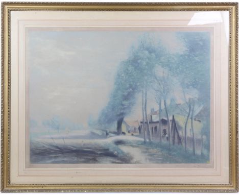 After Jean-Baptiste-Camille Corot (French, 1796-1875), rural landscape with cottage to foreground. Lithograph. Signed indisti