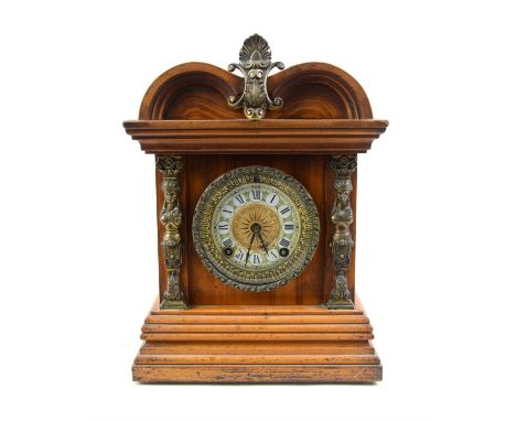 Ansonia mantel clock, the architectural case with gilt metal caryatid mounts flanking Roman dial, h29.5cm w21cm 