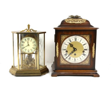 Two mahogany cased wall clocks, a mantle clock and Kundo anniversary clock