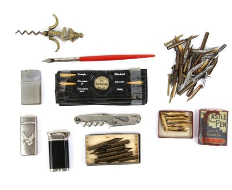 Tin containing calligraphy nibs, lighters and corkscrews, including 3 14ct gold plate Osmiroid pens, a box of Joseph Gillotts