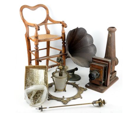 Amplion type wooden loudspeaker horn, tent and bag chandelier frame with loose drops, magic lantern with gas burner, and a br