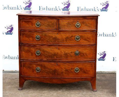 19th century mahogany and satinwood crossbanded bow fronted chest of two short over three long graduated drawers on bracket f