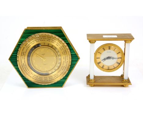 Luxor brass hexagonal mantle clock, h18cm, together with a modern columned mantle clock h14.5cm (2)