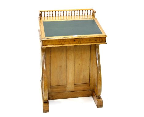 Victorian amboyna davenport desk, with spindle turned gallery, over a slope enclosing drawers and a side cupboard enclosing a