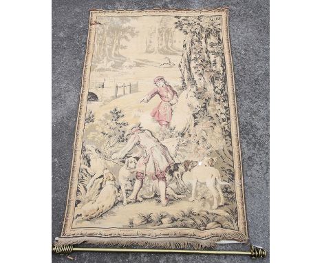 Pair of machine tapestry pastoral wall hangings with brass poles, 192cm x 123cm