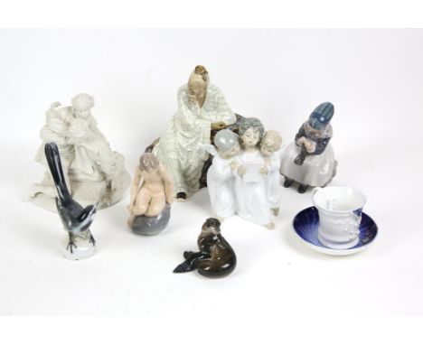 Set of ceramic items, to include figure of Chinese gentleman, h22cm, two Royal Copenhagen figures, 18th-century style statue 