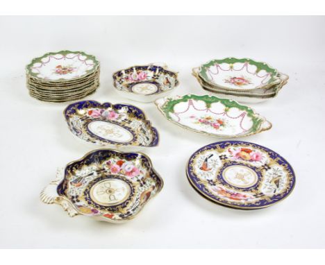 Royal Worcester part service, hand-painted with flowers within a green and gilt painted border and scalloped rim, signed by a