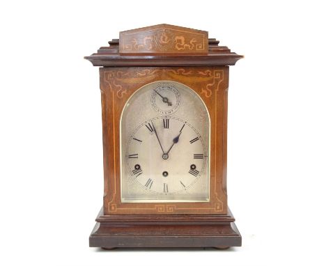 Sheraton Revival marquetry inlaid mahogany mantel clock, silvered arched dial with Roman numerals, Chime/Silent subsidiary di