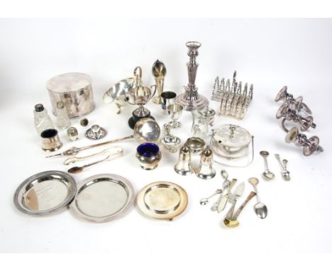 Collection of silver plated ware, to include a two three light candelabra, h28cm, Mappin & Webb silver plated biscuit box, h9