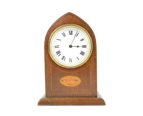 Early 20th century mahogany lancet clock, the enamel dial with Roman numerals, having marquetry inlaid shell patera, French b