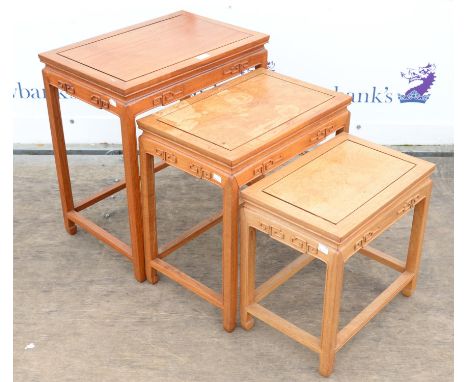 Chinese hardwood nest of three occasional tables, rectangular with square scroll frieze on square legs and stretchers, H61 W5