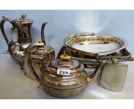 A Victorian EPBM coffee pot, 2 EPBM teapots, 2 three-handled baskets and hip flask