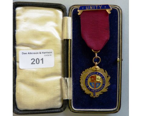 A 9ct rose gold and enamel masonic medal for Hull Unity Lodge 20gms with case