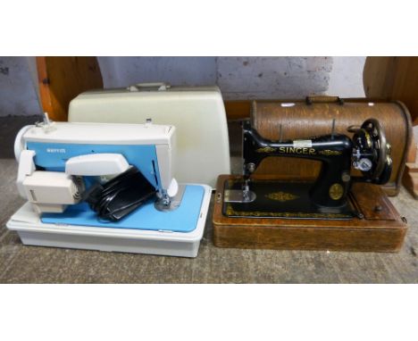 A Singer manual sewing machine in wooden case, together with a Merritt electric sewing machine (2) 