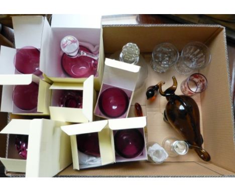 A box of glassware, including boxed cranberry glass decanter, vases, glasses etc a Victorian decanter, a Wedgwood glass bird,