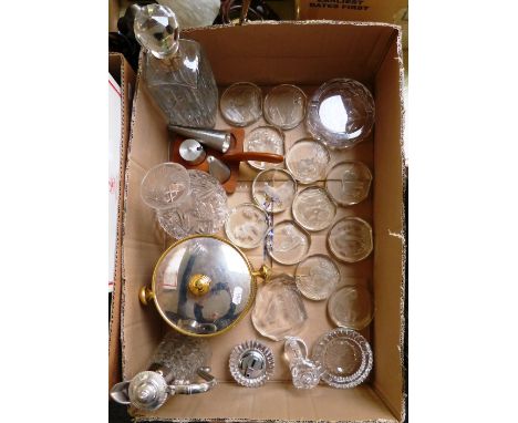 A box of mainly glassware to include an ice bucket, a decanter, various vases and a good selection of wildlife crystal paperw