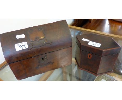 A burr walnut hexagonal tea caddy, together with a mahogany casket (2)