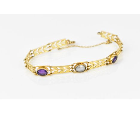 A 9ct yellow gold, amethyst and pearl bracelet, with pierced articulated links with leaf motif, three links mounted with rub-