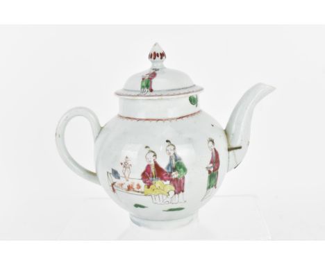 An 18th century British chinoiserie porcelain teapot, probably Worcester, Dr. Wall First period, depicting enamelled Chinese 