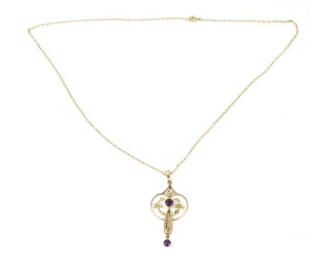 An Edwardian Art Nouveau rose metal, amethyst and seed pearl pendant, hanging on a cable chain, the pendant with central beze