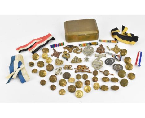 First World War and later cap badges, medal bars and mixed buttons to include Royal Tank Corps, The Kings Own, Reconnaissance
